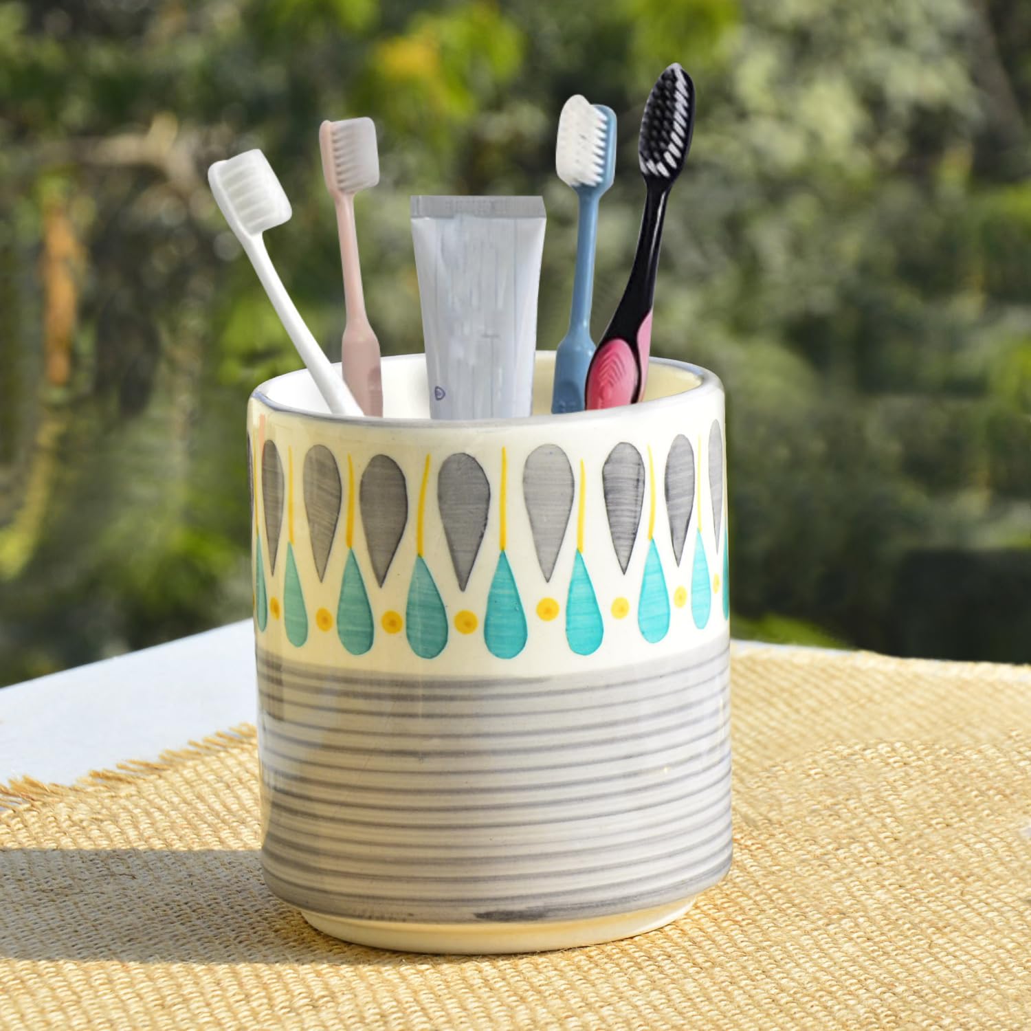 Hand Painted Ceramic Cutlery Stand - Grey, Turquoise Blue & Yellow, 600ml | Multi Utility Jar - Toothbrush Holder - Pen Stand