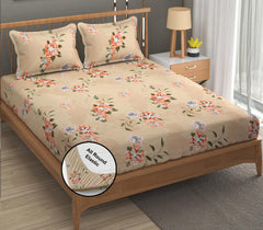 1 Elastic Fitted Bedsheet For King Size & 2 Pillow Covers - 78 X 72 Inches, Beige | Elegant Floral Print Design & Skin-Friendly