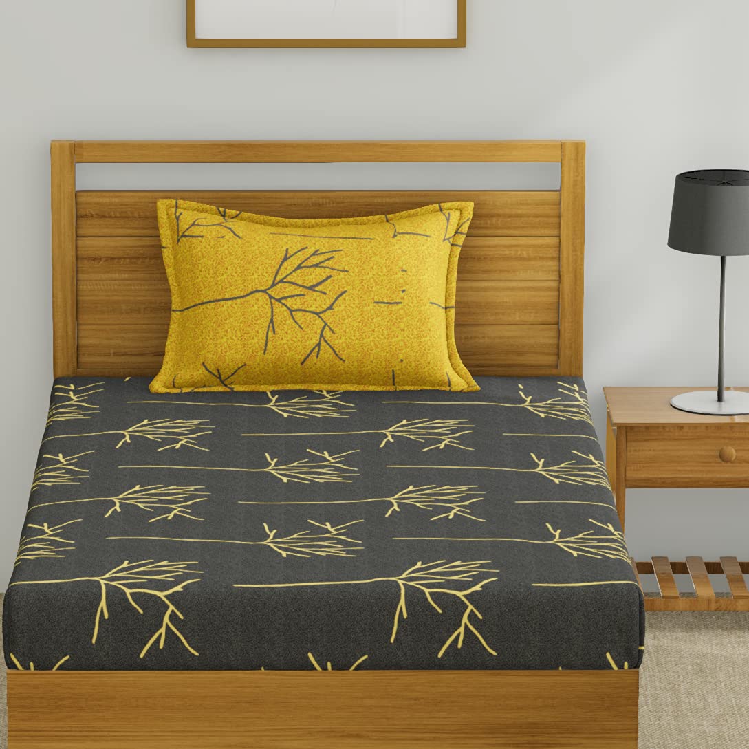 Single Bedsheet With 1 Pillow Cover - 55 X 88 Inches, Grey & Yellow | Soft & Comfortable Sleep Experience | Machine Wash In Cold Water