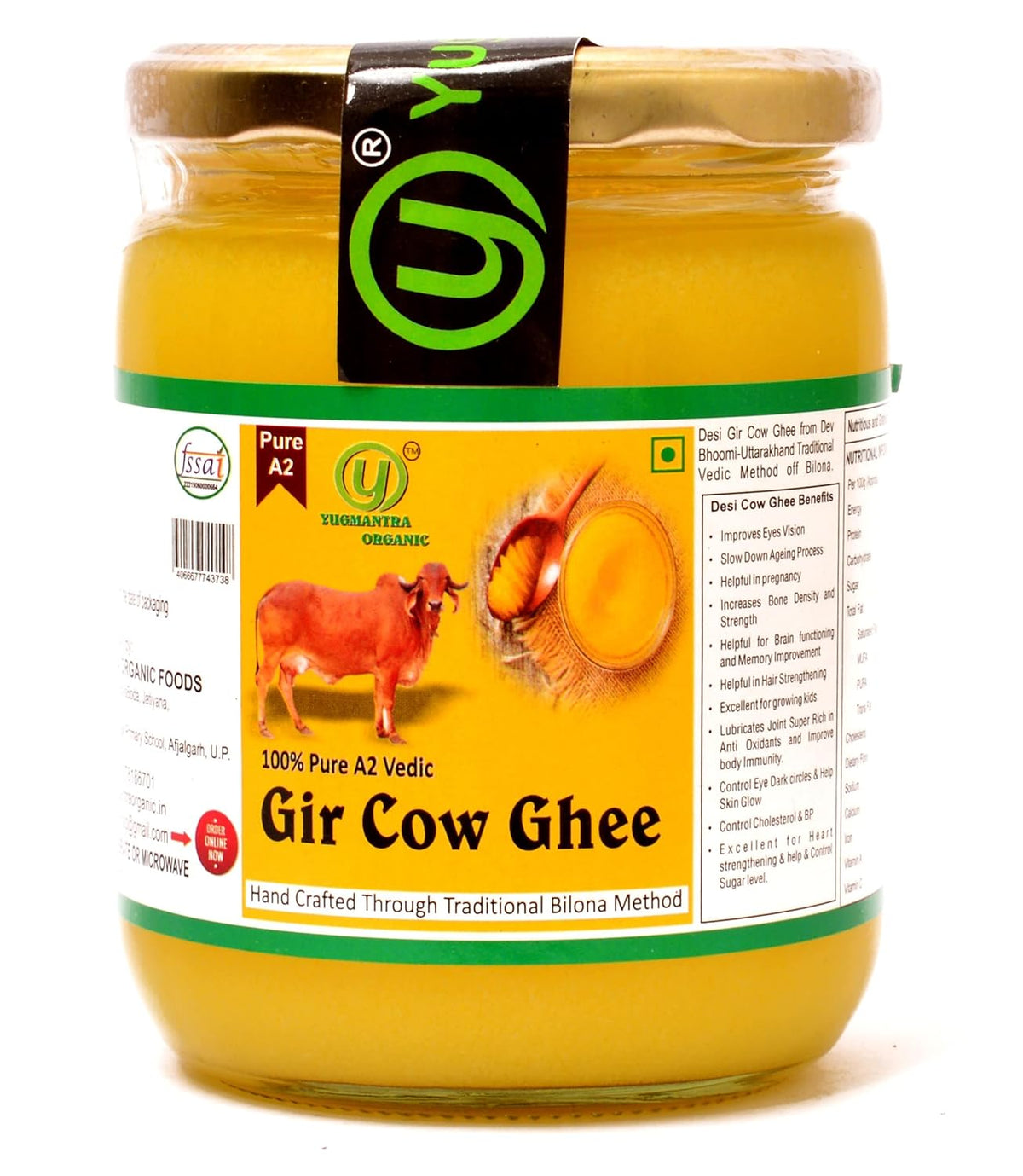 Premium Gir Desi Cow Ghee By Yugmantra Organic | Highly Nutritious Bilona Method Pure & Fresh Danedar Desi Cow Ghee | (500ml) 16.9 Ounce | Jar Pack