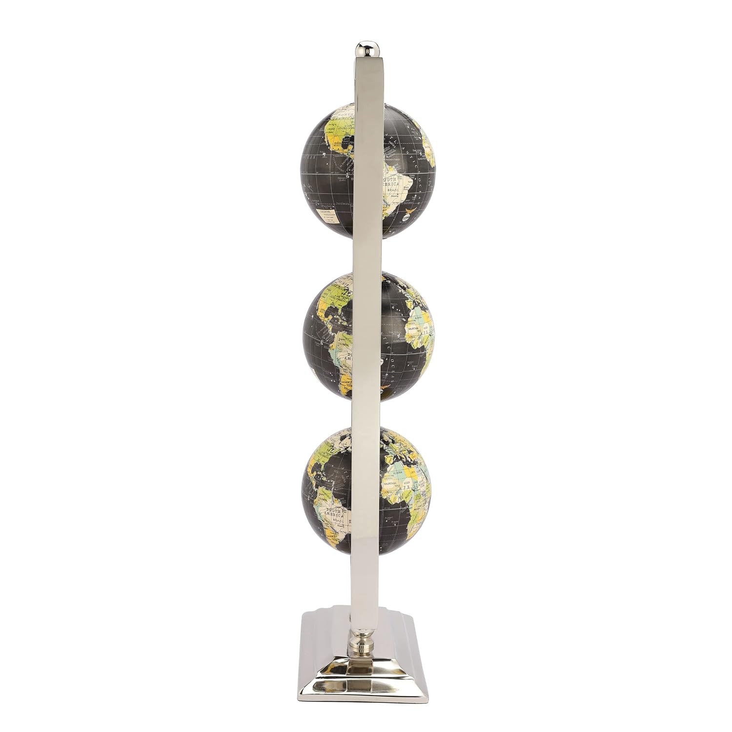 Handcrafted Vertical Triple Golden Globe Stand Decorative, Accessories For Table, Desk For Showpiece, Office Shelves, Bedroom & Gifting (Black Silver) Set Of 3 Globes In 1