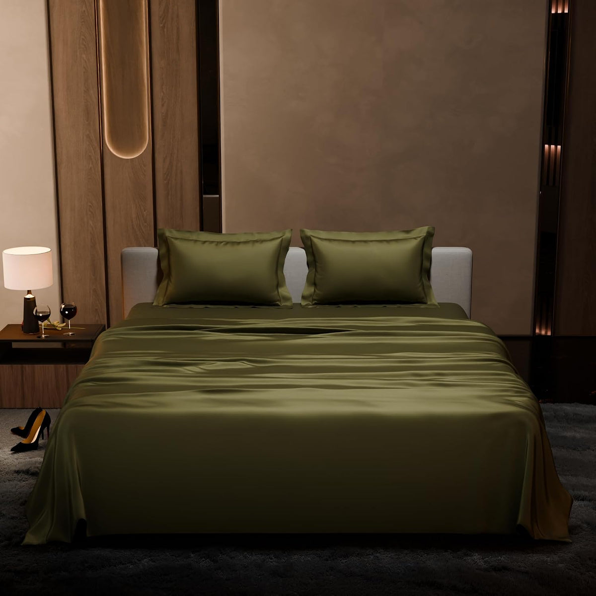 Double Bedsheet With 2 Pillow Covers - 90 X 100 Inches, Olive | Ultra Satin Premium Bedding Set | Gift For Couples, Wedding, Anniversary, Date Night