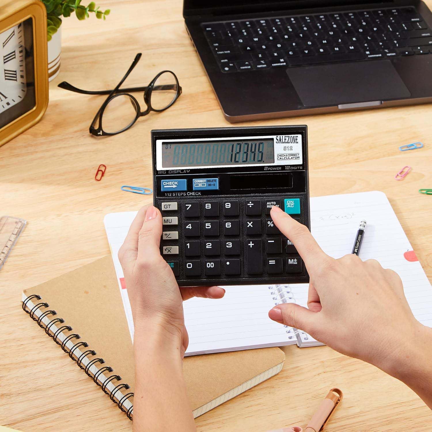 Salezone® 12 Digit Calculator With 120 Steps Check Function And Special Buttons For Grand Total (GT), Mark Up (MU) Check And Correct Function Desktop Calculator (3 Years Warranty)