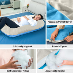 Full Body J Shape Pregnancy Pillow For Women, Maternity Pillow, Cream & Sky Blue | Pillow Gift For Pregnancy Sleeping, Premium Velvet Cover With Zip | Adjustable & Washable Pillow