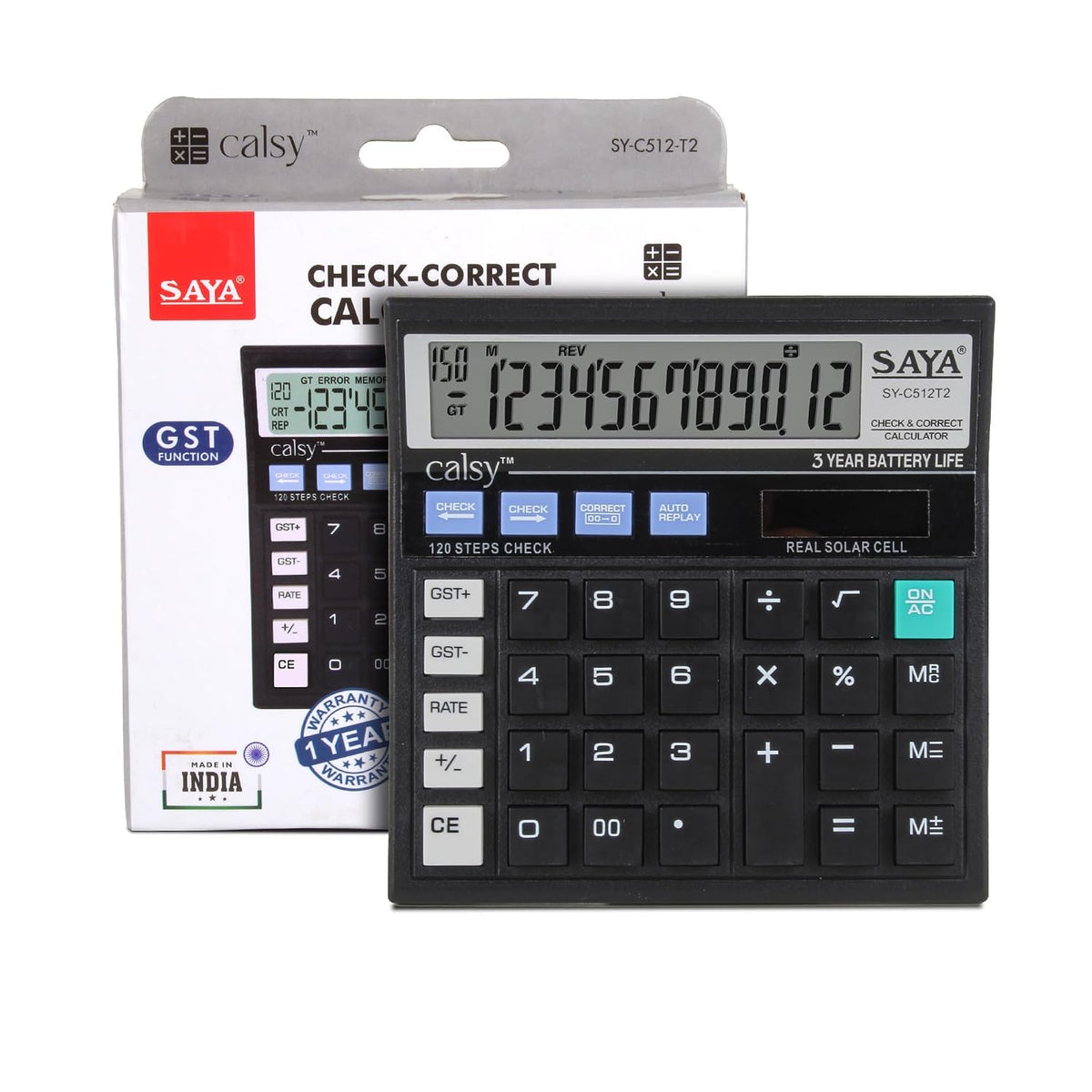 Saya Check And Correct Basic Desktop Calculator For Office & School Supplies | Ergonomic Design With Large Display | Dual Power | 1 Year Warranty | Best For Accounting, Business, Daily Use