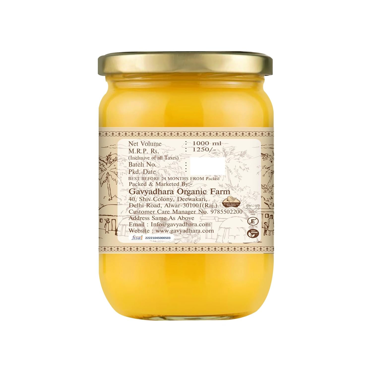 Pure Desi Cow Ghee By Gavyadhara | Natural & Healthy Vedic Bilona Method Curd Churned Cow Desi Ghee For Heart Health | (1 Litre) 33.8 Ounce | Jar Pack
