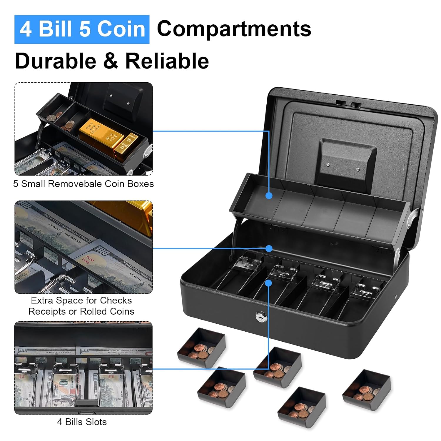 Cash Box With Lock & 2 Keys, Metal Money Box With Cash Tray, Portable Lock Safe Box, 4 Bill, 5 Coin Slots, Large Cash Boxes With Money Tray For Small Business 11.8 X 9.5 X 3.5 Inch, Colour - Black