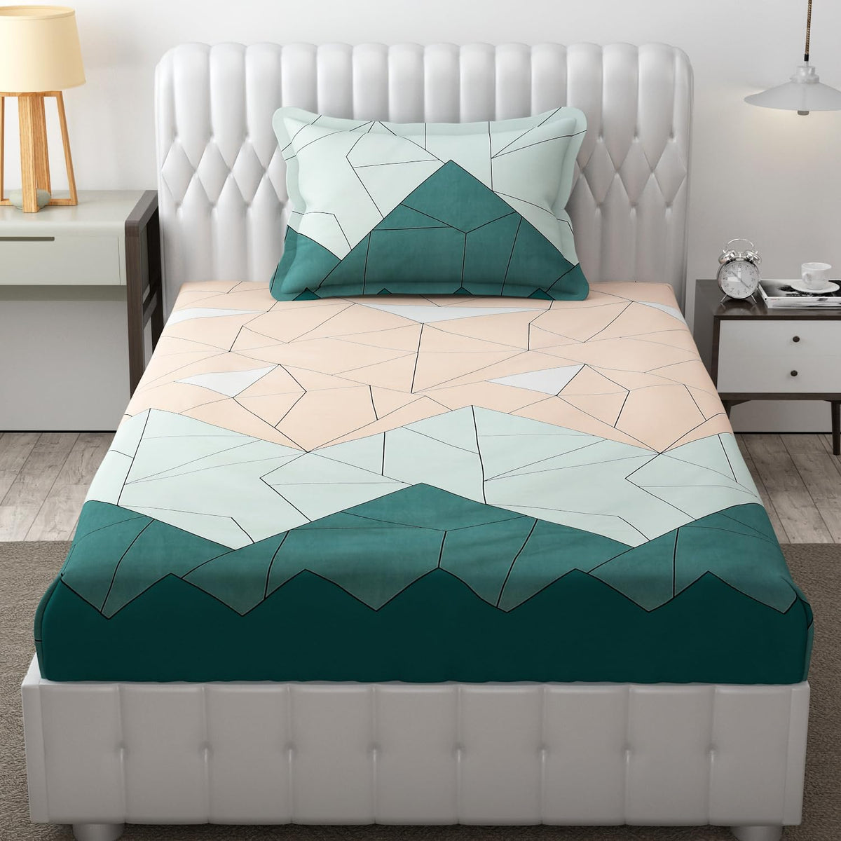 Soft Cotton Printed 1 Single Bedsheet With 1 Large Size Pillow Covers - 60 X 90 Inches, Beige & Green | 240 Thread Count - Light Weight, Suitable For All Seasons & Easy To Wash