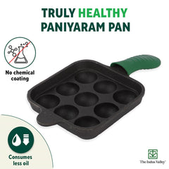 Super Smooth Black Cast Iron Square Paniyaram Pan With Silicon Grip - Small, 9 Pits, 18cm, 7.1 Inch, 2.4 Kg | Nonstick, Pre-Seasoned Appe Or Paddu Pan,100% Pure & Toxin-Free, No Chemical Coating