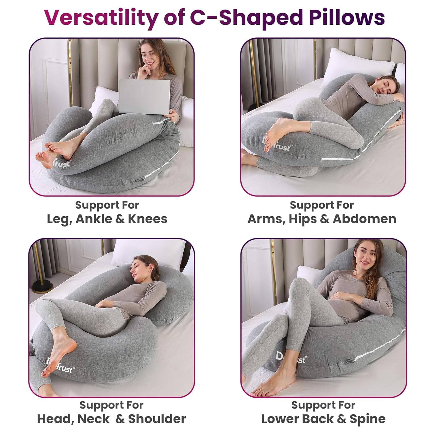 Maternity Pillow For Pregnancy Sleeping, C Shape Full Body Cushion, Grey | For Pregnant Women To Sit & Sleep Comfortable | For Sitting, Belly Support, Back Pain, Adjustable - Pack Of 1