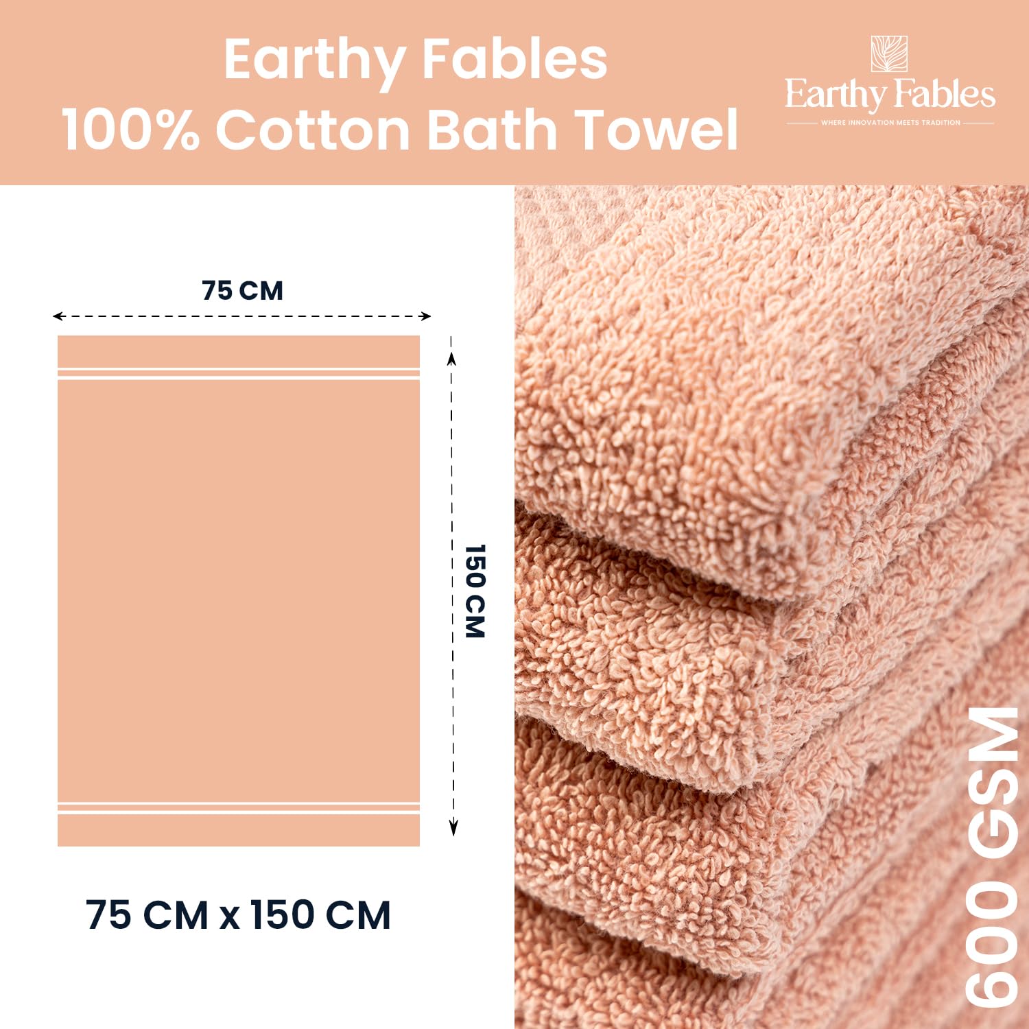 Earthy Fables Premium Bath Towel 600 Gsm | 100% Combed Cotton Ultra Soft, Quick Dry & Highly Absorbent For Home, Travel & Acne-Prone Skin (Peach)