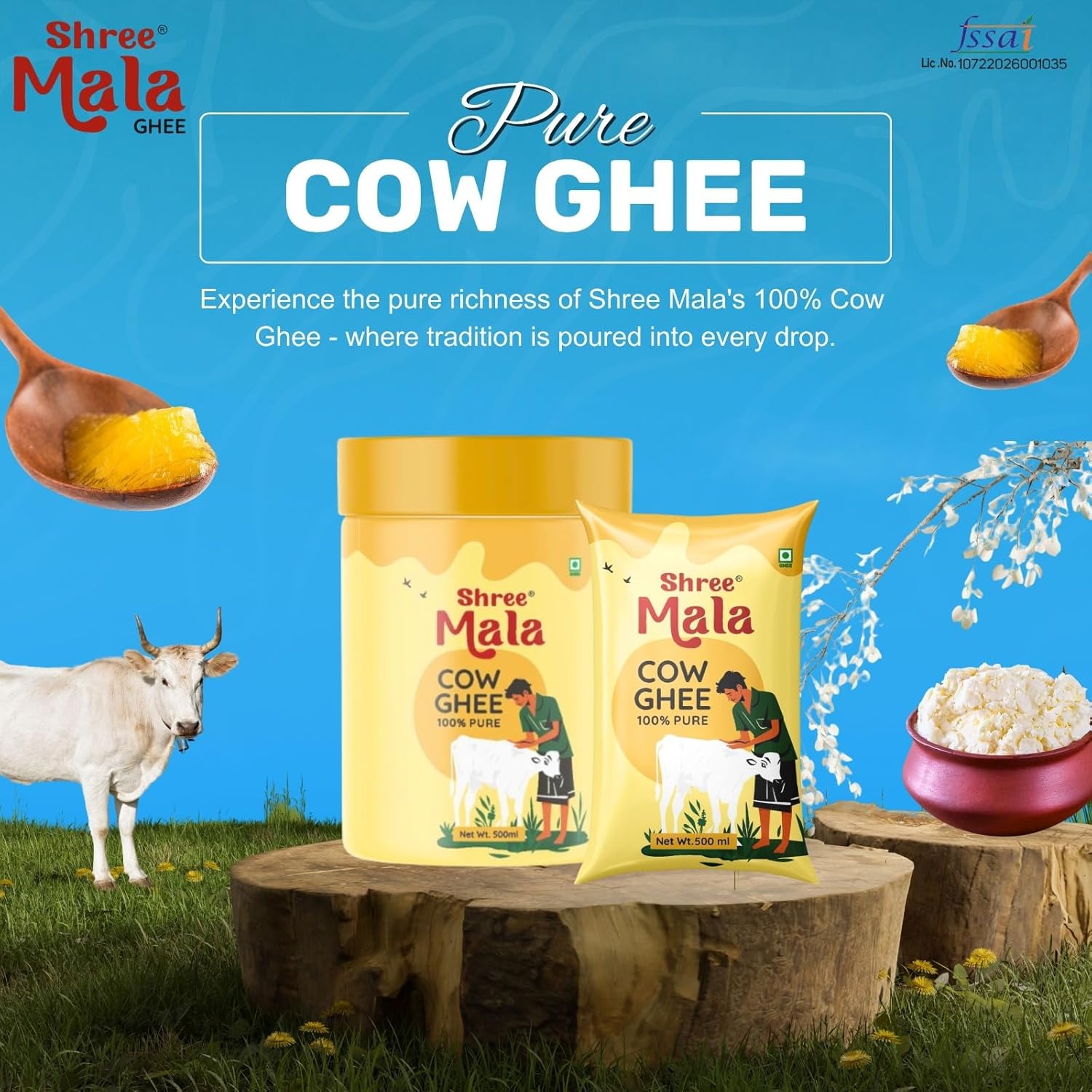 Natural Premium Cow Ghee By Shreemala | Rich In Vitamins A, D, E & K Healthy Desi Ghee Good For Supports Brain Health | (500ml) 16.9 Ounce | Jar Pack