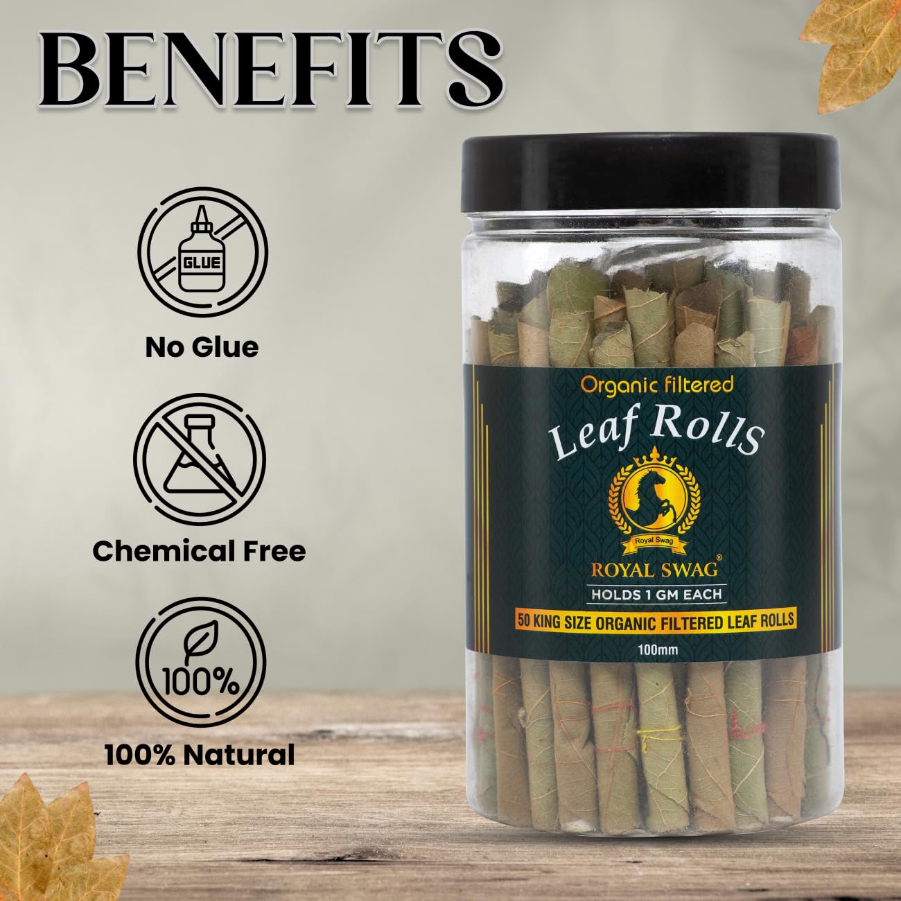 Royal Swag 100mm King Size Organic Filtered Leaf Rolls | Ready To Use Cones Jar Of 50 Pcs Pack With 1 Filling Stick (Super Slow Burning, Real Tendu Palm Leaf) Natural Toasted Palm Leaf Wrap