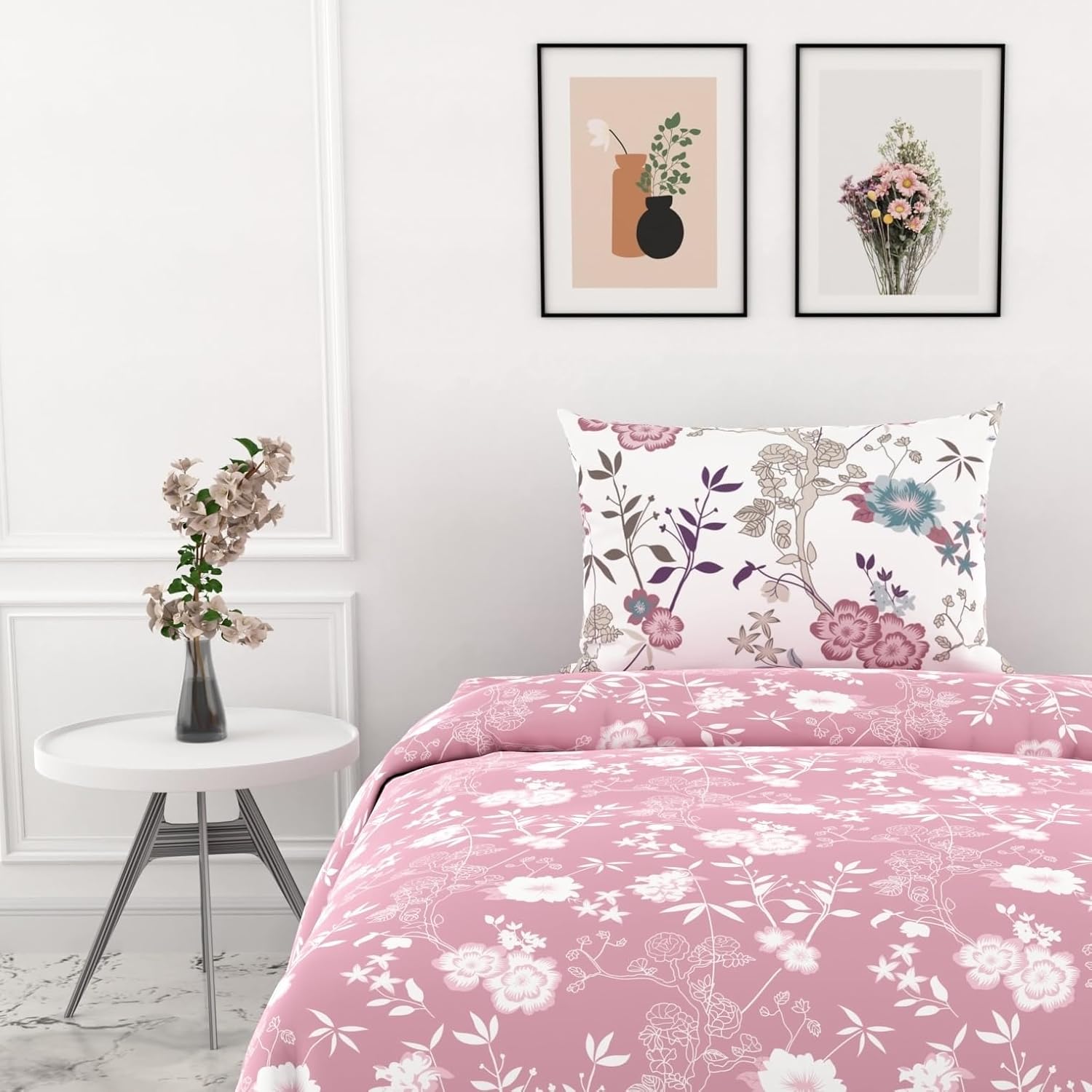 Cotton Bedsheet For Single Bed With 1 Pillow Cover - 54 X 84 Inches, Pink & White | Soft Touch Cotton Fabric-Comfortable & Durable | Elegant Printed Bedding Set For Daily Use