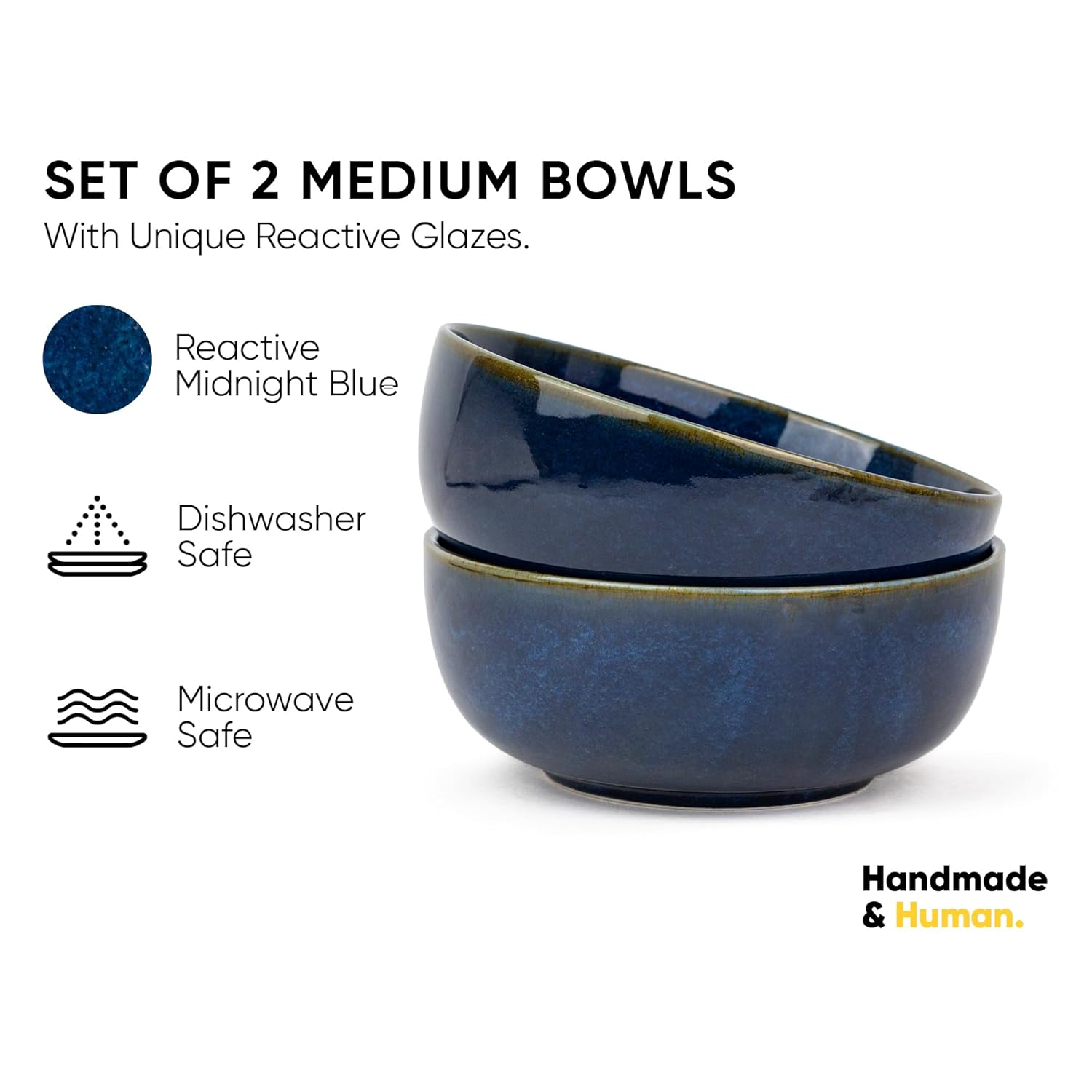 Ceramic Medium Bowl Set Of 2 Pieces - 18cm, Blue Green Reactive, 1000ml Each | Glossy Finish Stoneware Ceramic Serving Bowls | Ceramic Bowl - Pasta Serving Bowl | Microwave Safe