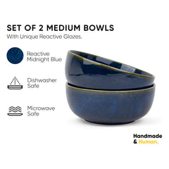 Ceramic Medium Bowl Set Of 2 Pieces - 18cm, Blue Green Reactive, 1000ml Each | Glossy Finish Stoneware Ceramic Serving Bowls | Ceramic Bowl - Pasta Serving Bowl | Microwave Safe