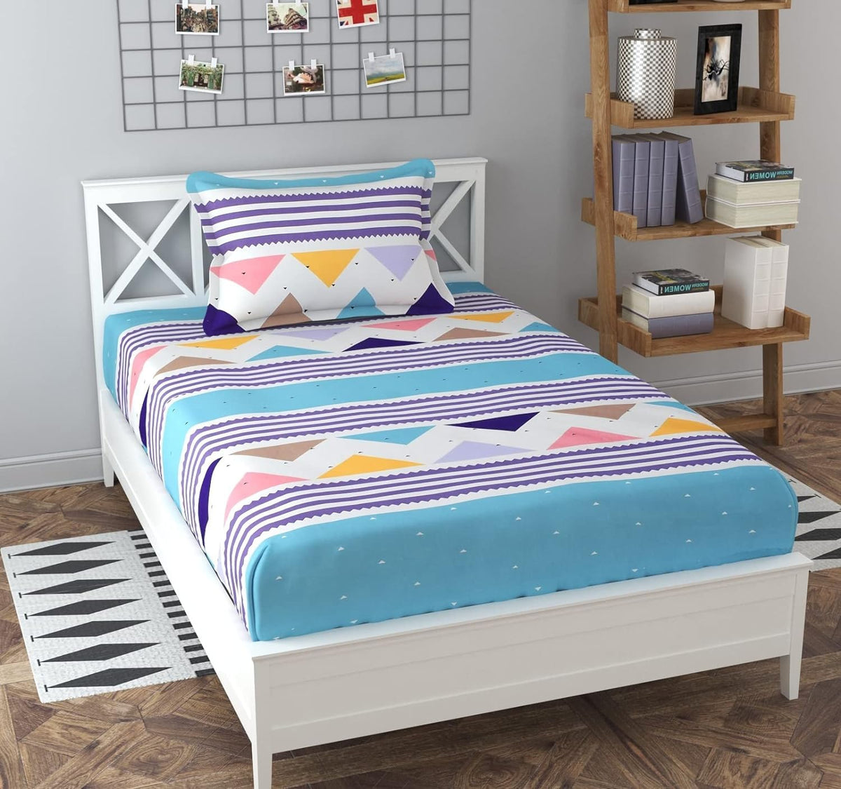 Glace Cotton Single Bedsheet Elastic Fitted With 2 Pillow Cover - 48x78x8 Inches, Multicolor | Soft Touch To Skin | Perfect Ideal For House, Hotel, Guest House Bedsheet