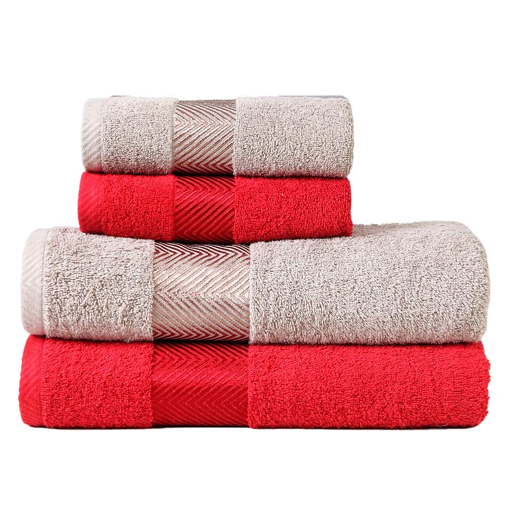 Fash Home International 100% Cotton Ultra Soft & Super Absorbent Antibacterial Bath & Hand Towel 1260 Gsm (Maroon Red and Beige) -Pack Of 4
