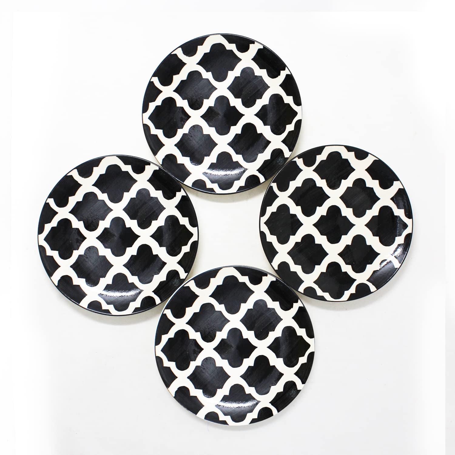 Hand Painted Black Moroccan Ceramic Quarter Plates Set Of 4 | Small Side Plates For Dinner, Snacks - 7 Inch, 4 Pieces, Microwave Safe