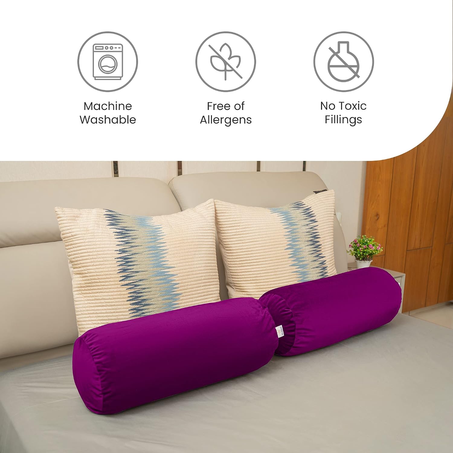 Microfiber Bolster Pillow For Bed & Sofa, Side, Diwan, Purple - 10 X 25 Inches | Round Side Pillow, Light, Soft & Fluffy For Neck & Back Support | Washable, Velvet Cover With Zip - 2 Piece
