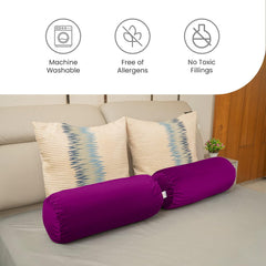 Microfiber Bolster Pillow For Bed & Sofa, Side, Diwan, Purple - 10 X 25 Inches | Round Side Pillow, Light, Soft & Fluffy For Neck & Back Support | Washable, Velvet Cover With Zip - 2 Piece