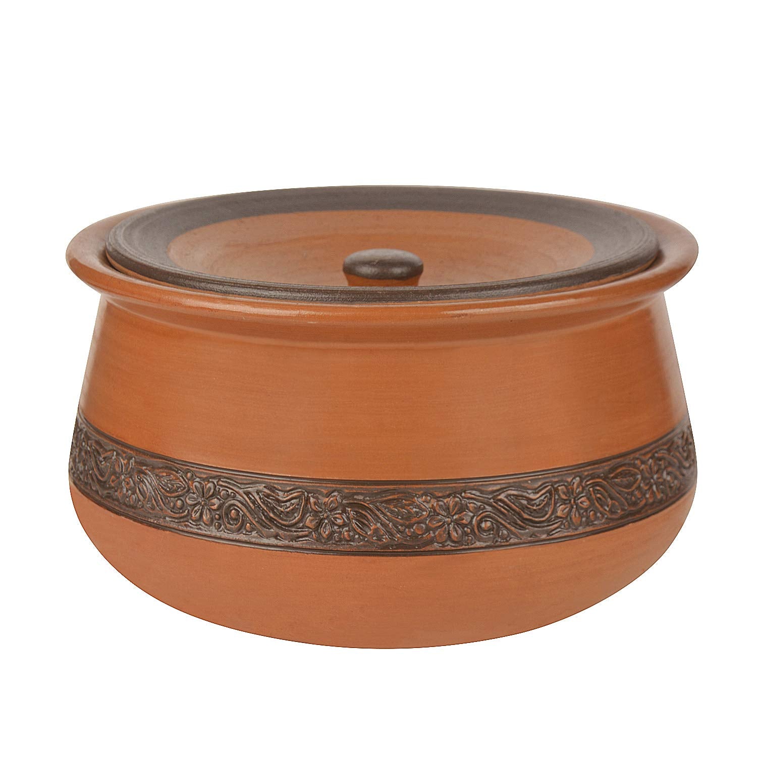 Handcrafted Ornately Designed Earthenware Handi With Lid - Brown, 2 Liters | Clay Dahi Handi - Cooking & Serving Pot