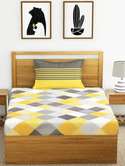 Single Bedsheet With 1 Pillow Cover - Yellow & Grey | Color Fade Resistant Bedsheet | Ideal For Hotel, Guest House | 55 X 88 Inches, Bedsheet