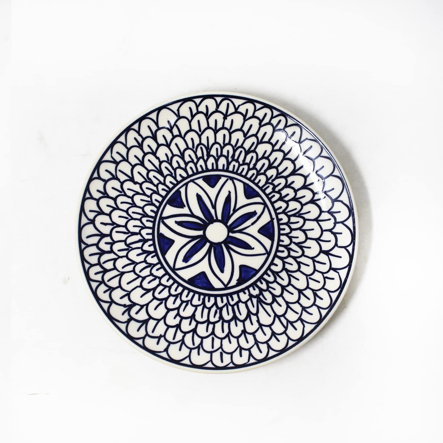 Mermaid Tales Hand Painted Ceramic Quarter Plates Set Of 6 - Blue & White | Small Side Plates For Dinner & Snacks - 7 Inch, 6 Pieces, Microwave Safe