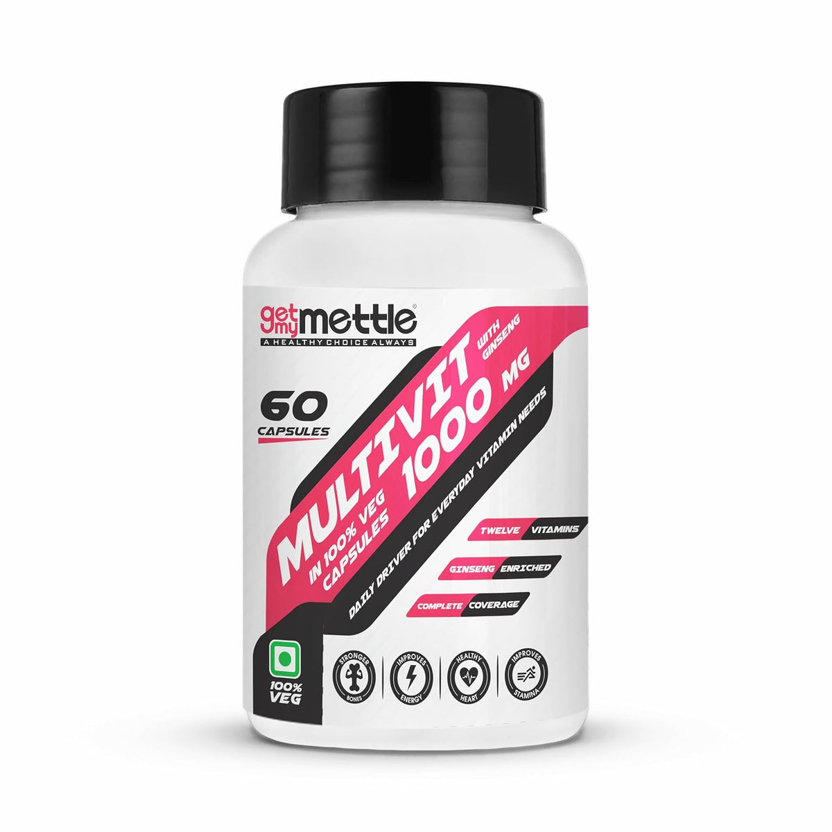 Getmymettle Multivitamin Capsule For Women & Men With Ginseng , 12 Vitamins , Enhances Energy , Stamina & Immunity | 60 Capsules , 100gm 0.2lbs