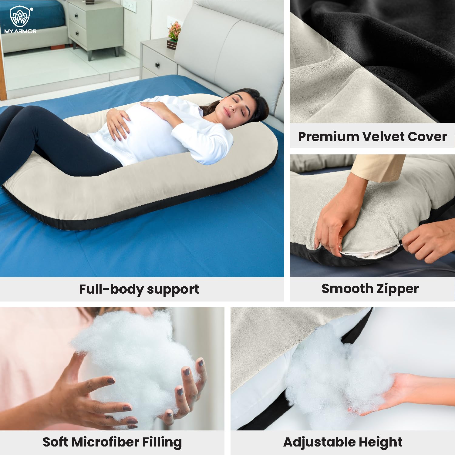 Full Body G Shape Pregnancy Pillow For Women, Maternity Pillow, Black & Cream | Pillow Gift For Pregnancy Sleeping, Premium Velvet Cover With Zip | Adjustable & Washable, Multipurpose Pillow