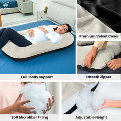 Full Body G Shape Pregnancy Pillow For Women, Maternity Pillow, Black & Cream | Pillow Gift For Pregnancy Sleeping, Premium Velvet Cover With Zip | Adjustable & Washable, Multipurpose Pillow