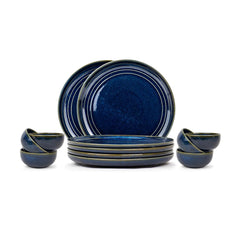Ceramic Dinner Set Of 12 Pcs, Blue Green | Crockery Set For Dining Table - Dining Sets Crockery Items | Glossy Finish Premium Stoneware Dinner Set | 6 Dinner Plates+ 6 Veg Small Bowls, 180ml Each