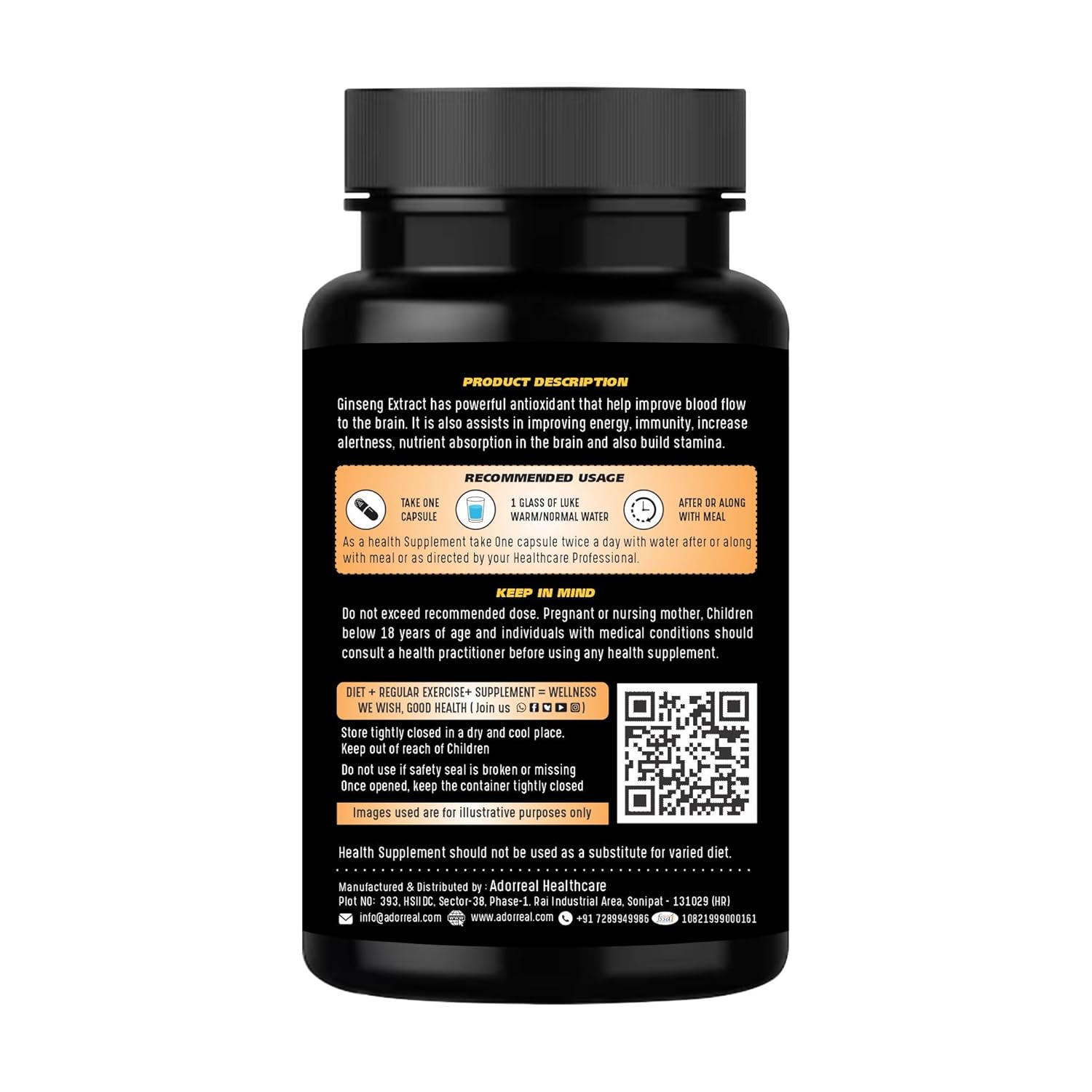 Adorreal Panex Ginseng High Potency Formula, Supports Brain & Memory, Boosts Immunity & Energy | 60 Capsules 100gm 0.2lbs