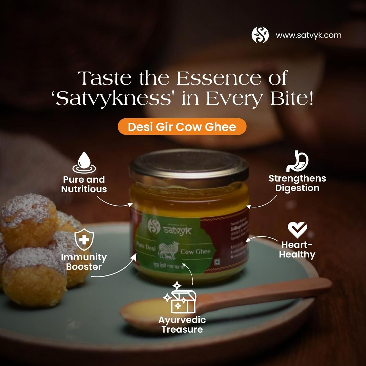 Natural A2 Desi Cow Ghee By S Siddhagiri'S Satvyk | Natural & Healthy Bilona Method Desi Cow Ghee Perfect For Cooking | (250ml) 8.4 Ounce | Jar Pack