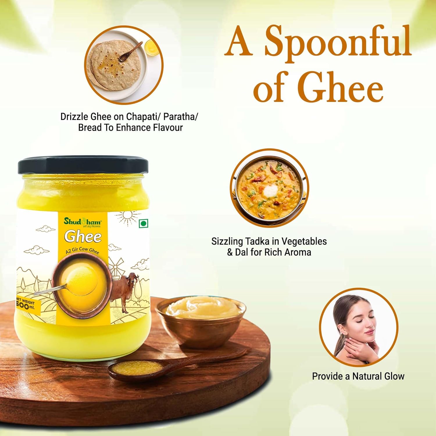 Pure Organic Gir Cow Ghee By Youshuddham | Traditional Bilona Method Desi Ghee For Cooking, Baking & Health | (500ml) 16.9 Ounce | Jar Pack