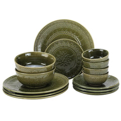 Handcrafted Stoneware Ceramic Dinner Set Of 14 Pcs With Serving Bowl Set - Moss Green | 4 Dinner Plates+ 4 Small Plates+ 4 Small Bowls, 180ml Each+ 2 Serving Bowls, 1000ml Each