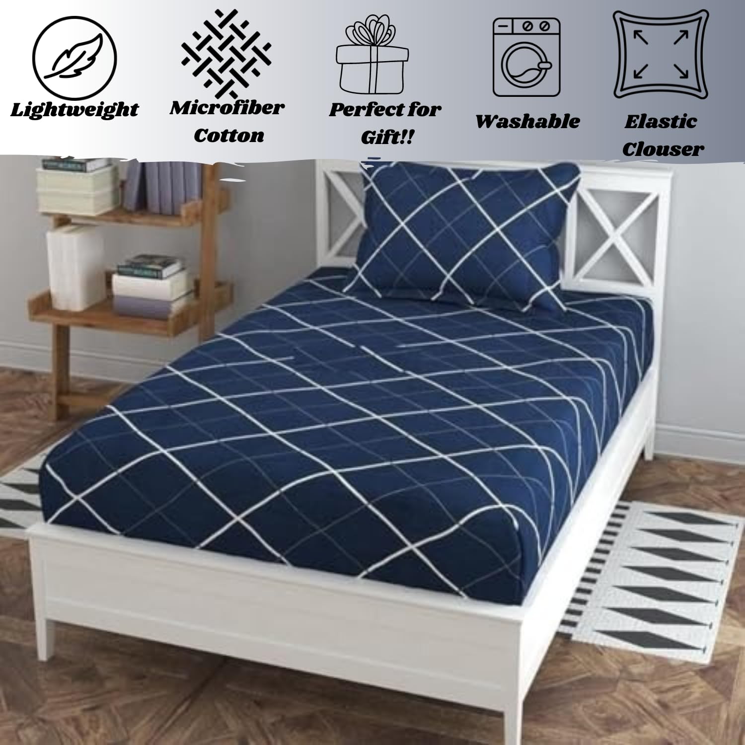 Polycotton Elastic Fitted Bedsheet For Single Bed With 1 Pillow Cover - 36 X 78 Inches, Blue | Super Soft Brushed Durable Fabric