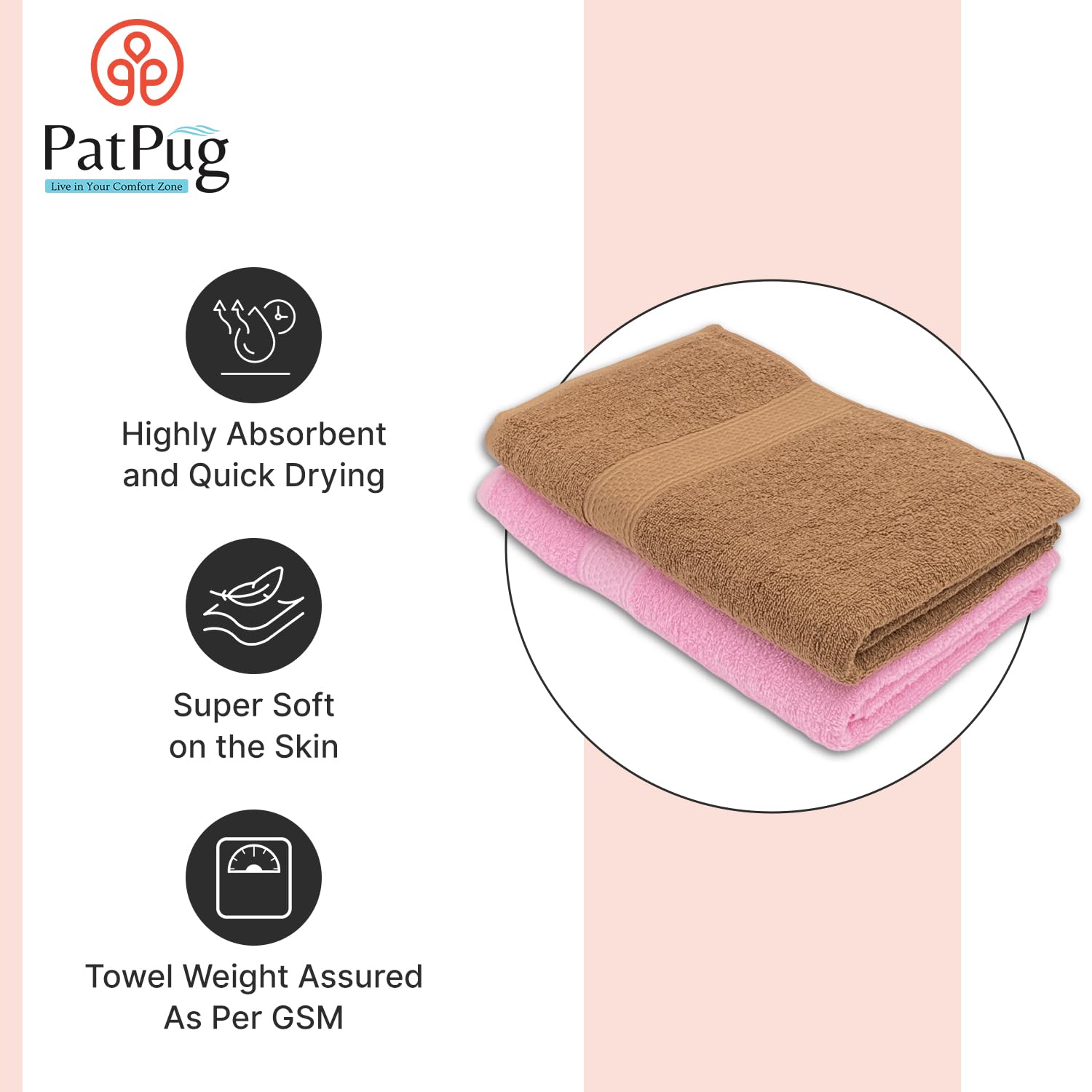 PatPug 100% Indian Ultra Soft Cotton 750 Gsm | Highly Absorbent, Fade Resistant Large Bath Towel (Coffee Brown & Sweet Pink)- Pack Of 2