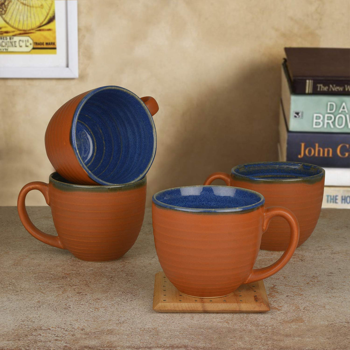 Handcrafted Ceramic Soup Bowls With Handle Set Of 4 - 350ml Each, Terracotta | Soup Cups - Maggi Bowls - Cereal Serving Bowls