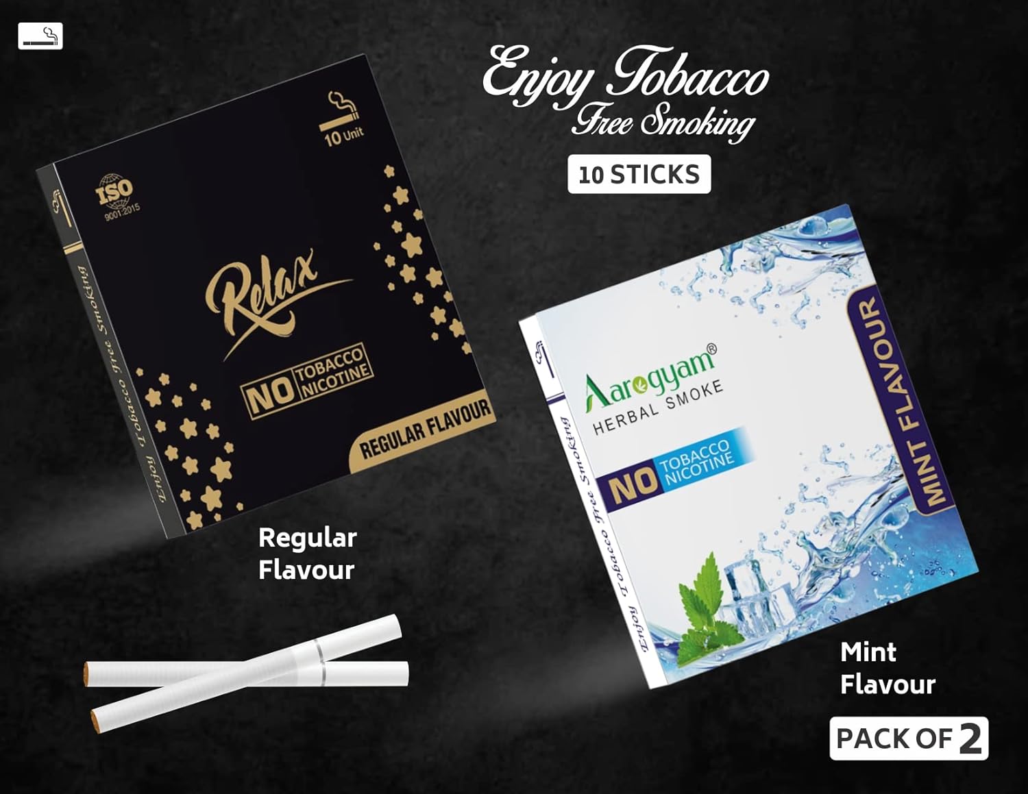 Aarogyam Herbals Pack Of 2 Flavours 100% Tobacco & Nicotine Free Cigarette For Relieve Stress & Mood Enhance Product Mint, Relax Regular - 10 Sticks X 2 Packets