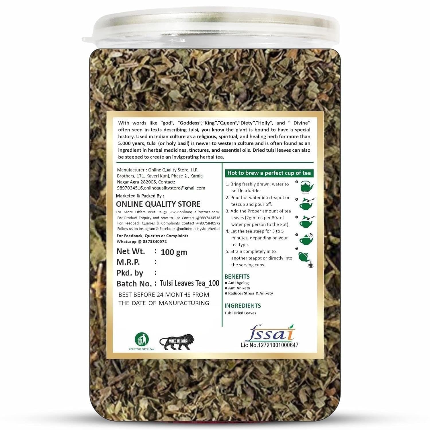 Online Quality Store Tulsi Leaves Dried Herbal Tea - 100gm, 3.5 Ounce | Helps With Stress & Anxiety, Boosts Immunity - Caffeine Free, Gluten Free, No Preservatives