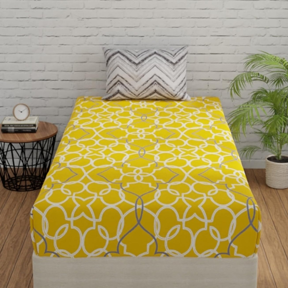 1 Single Bedsheet Cotton With 1 Pillow Covers - 55 X 88 Inches, Yellow & Grey | Long Lasting Softness & Light Weight | Machine Wash In Cold Water