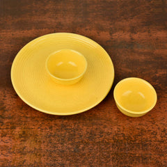 Premium Ribbed Ceramic Dinner Serving Plate With 2 Dinner Bowls Set Of 3 - Yellow, Plate Diameter: 10 Inches | Plates & Bowls Set - Golden Glow Collection