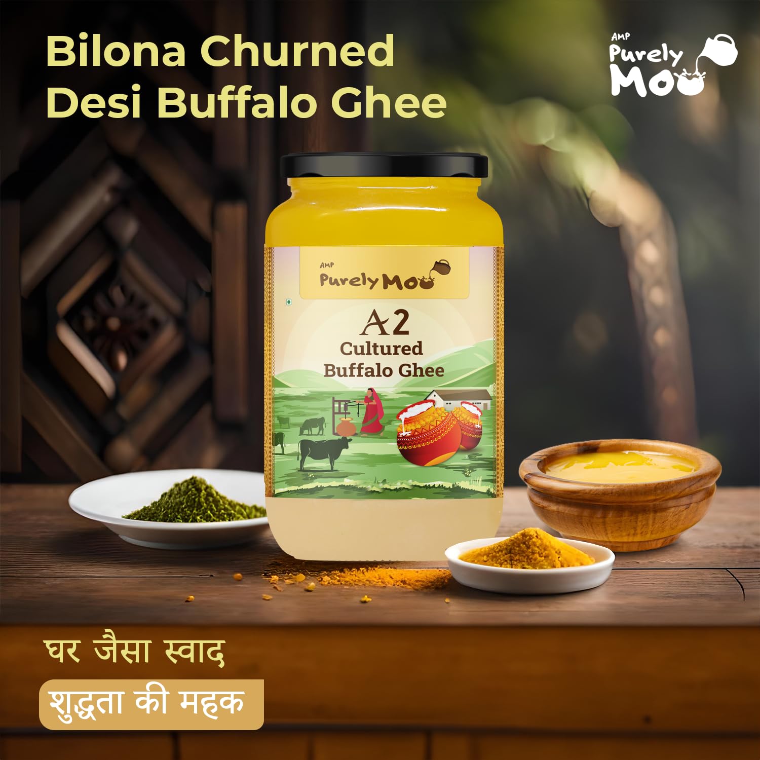 100% Natural A2 Cultured Buffalo Ghee By AMP Purely Moo | Traditional Bilona Method Healthy Buffalo Desi Ghee For Dishes | (250ml) 8.4 Ounce | Jar Pack