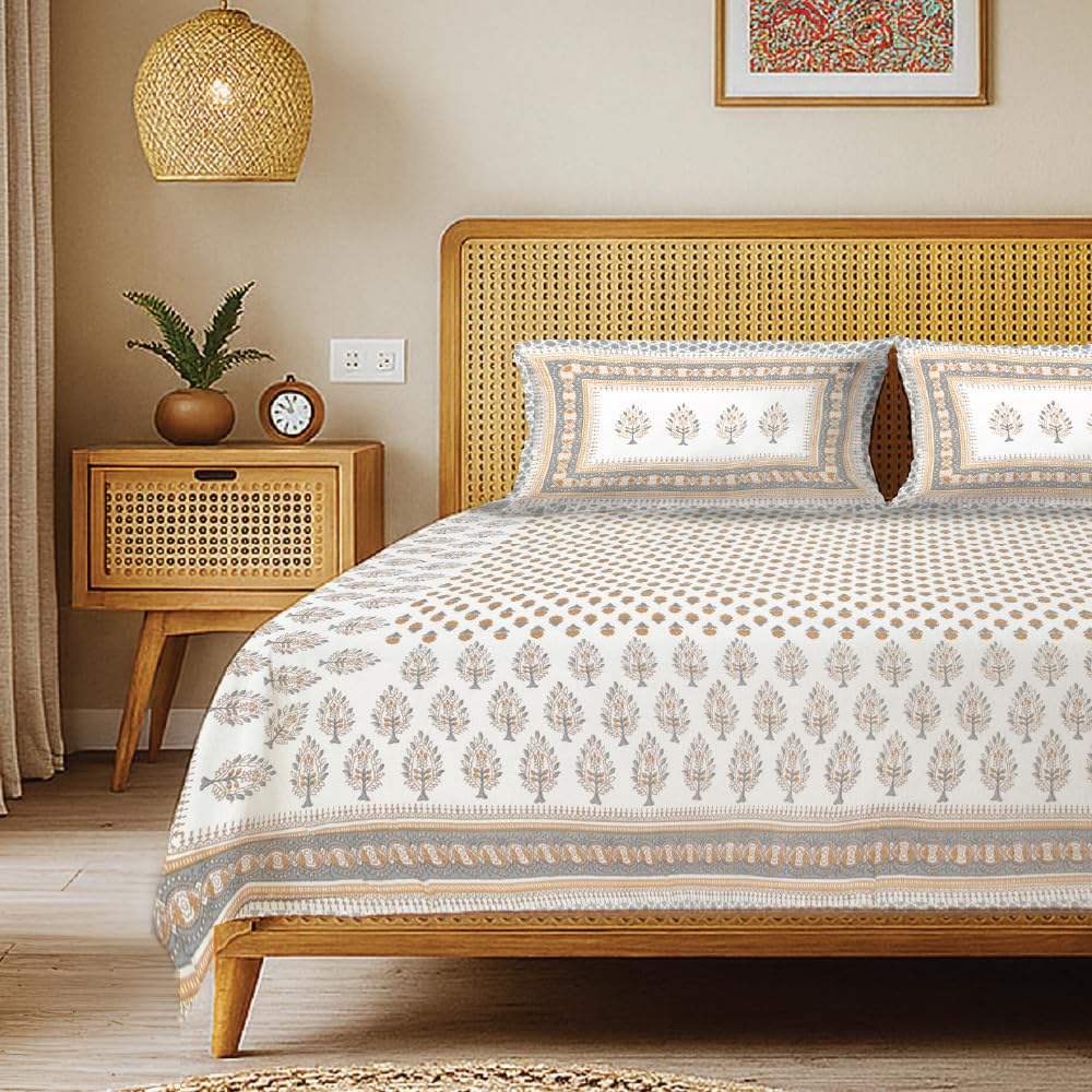 Printed King Size Bedsheet With 2 Pillow Covers - 105 X 105 Inches, White & Brown | 100% Cotton Jaipuri Hand Block Bedsheet | Soft, Breathable & Durable
