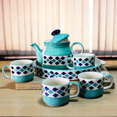 Hand Painted Turquoise Checkered Tea Set With Kettle | Ceramic Tea Kettle Set With 4 Cups, 150ml Each + 1 Kettle, 700ml + 1 Tray | 6 Pieces - Microwave Safe & Dishwasher Safe