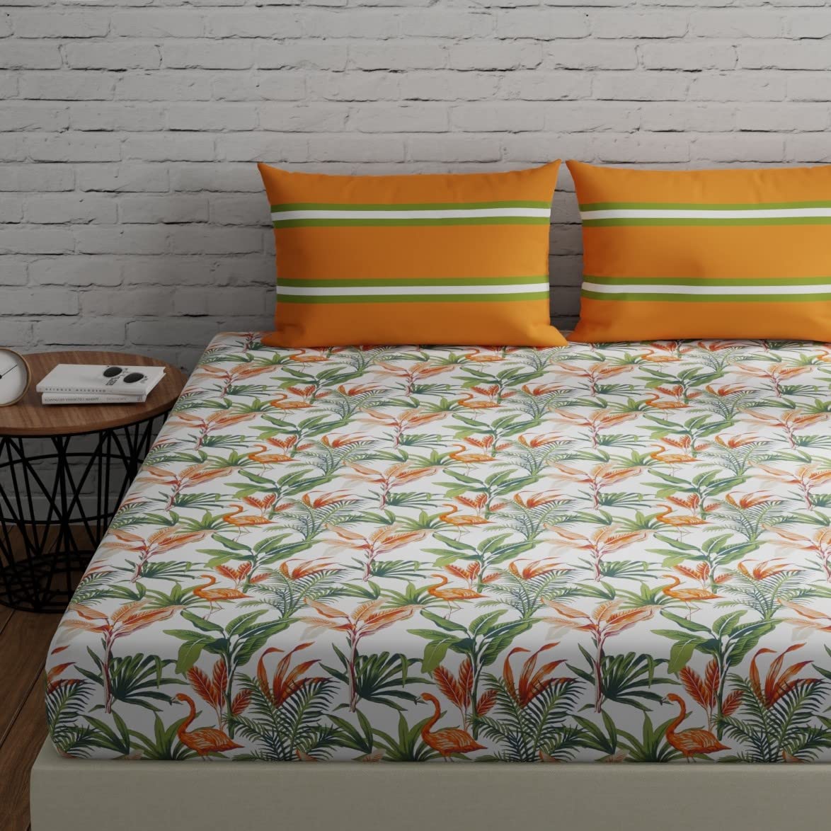 Cotton Bedsheet With 2 Pillow Covers - 88 X 96 Inches, Orange & Green | Ideal For Villas, Guest Houses, & Daily Home Use Double Bedsheet