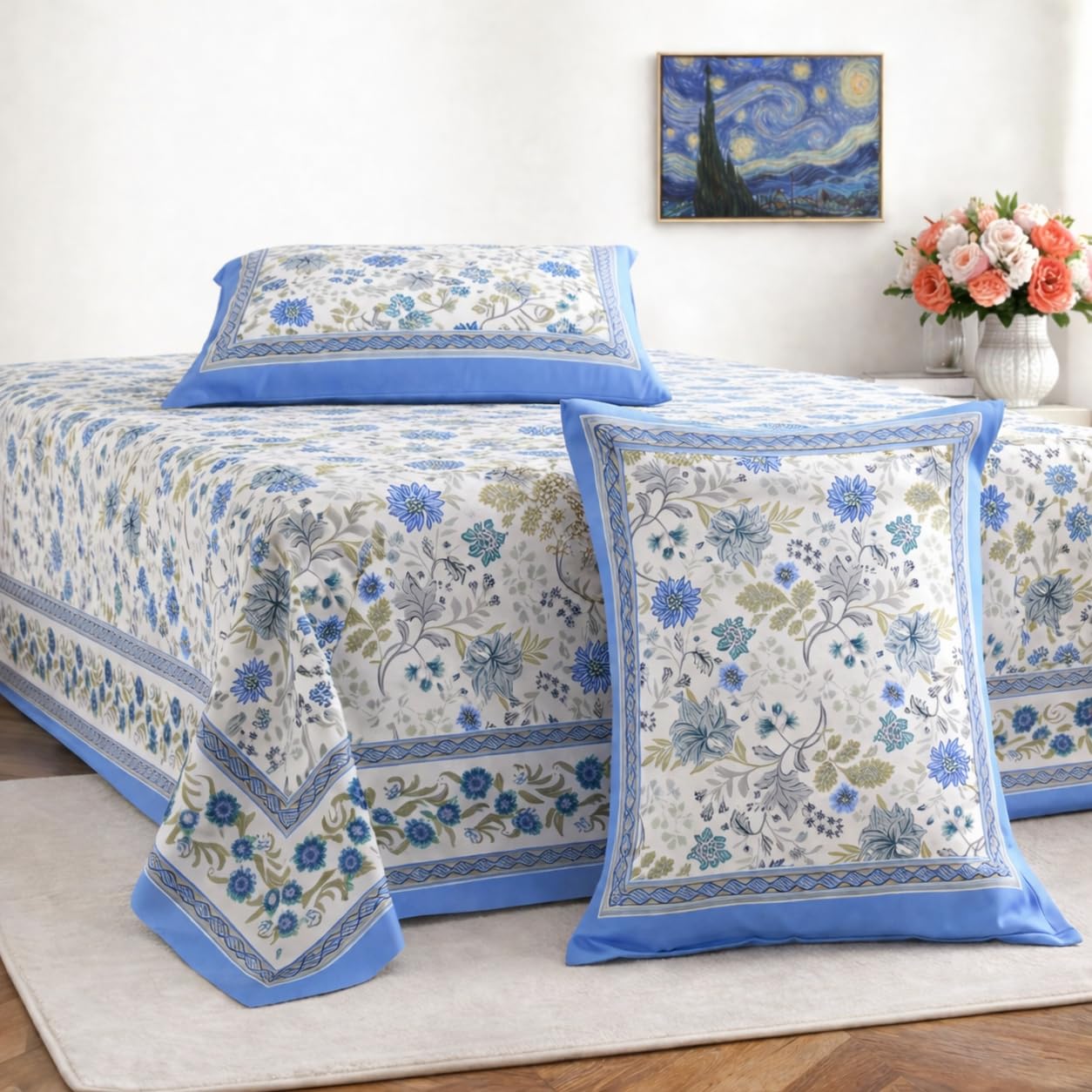 Jaipuri Cotton Bedsheet For King Size With 2 Pillow Covers | 93 X 108 Inches, Blue & White | Ultra-Soft & Skin-Safe | Breathable Summer Comfort