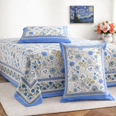 Jaipuri Cotton Bedsheet For King Size With 2 Pillow Covers | 93 X 108 Inches, Blue & White | Ultra-Soft & Skin-Safe | Breathable Summer Comfort