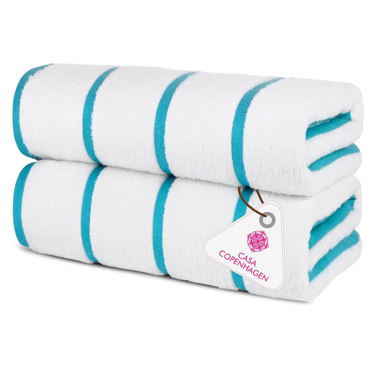 Casa Copenhagen Cabana Pool Xl Bath Towels 610 Gsm (White Teal Stripe) - Pack Of 2